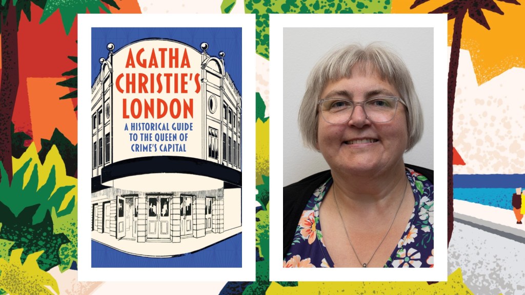 Poster with Agatha Christie's London book cover and a head a shoulders photo of Tina Hodgkinson