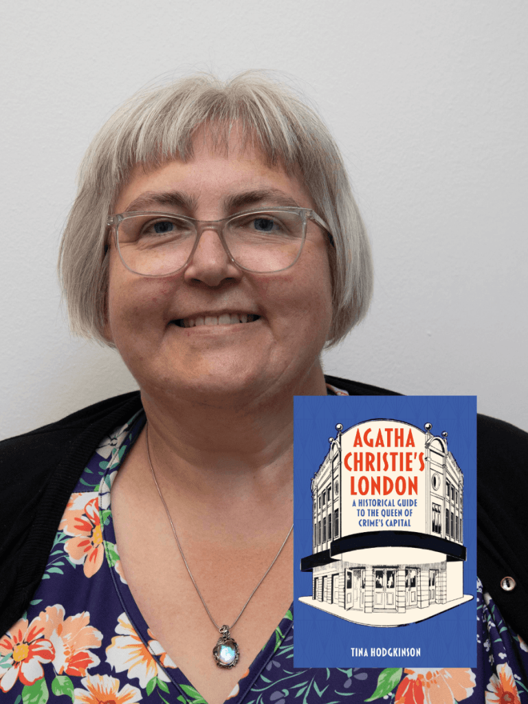 Photo of Tina Hodgkinson and the book cover of Agatha Christie's London